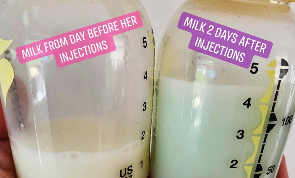 Image of two bottles with pumped breast milk. One is clearly more bluish in color.