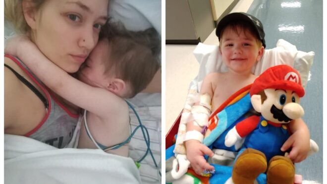Kayla Oblisk lays with her son in the hospital.