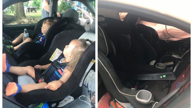 Photo of Savannah Baker's kids in rear-facing car seats