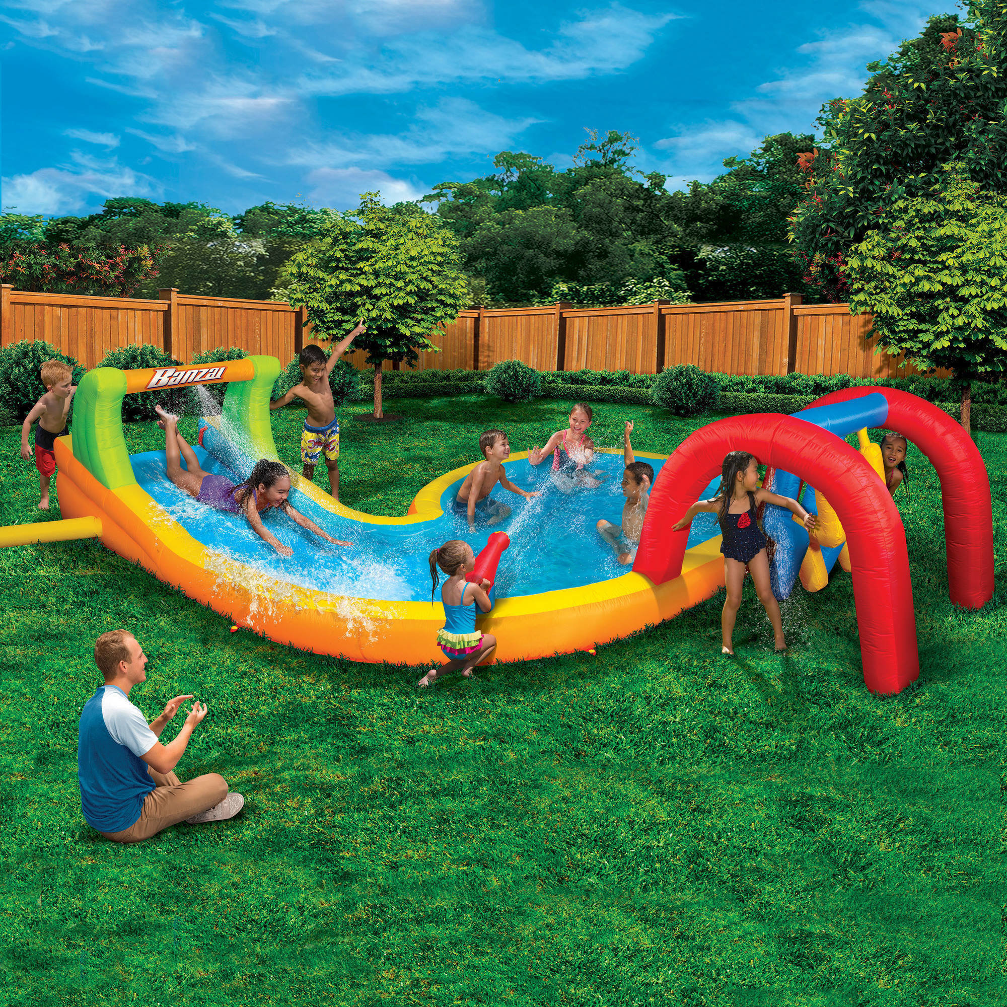 Banzai Water Park Splash Zone (Inflatable Water Slide Summer Backyard Splash Pool Aqua Gun Blaster C