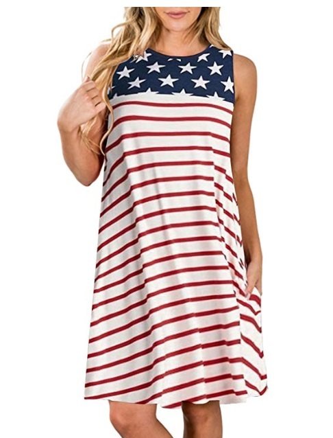 ZESICA Women's Summer Sleeveless Damask Print Pocket Loose T-Shirt Dress
