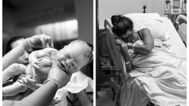 Black-and-white photo shows Tammy Wright's baby being born