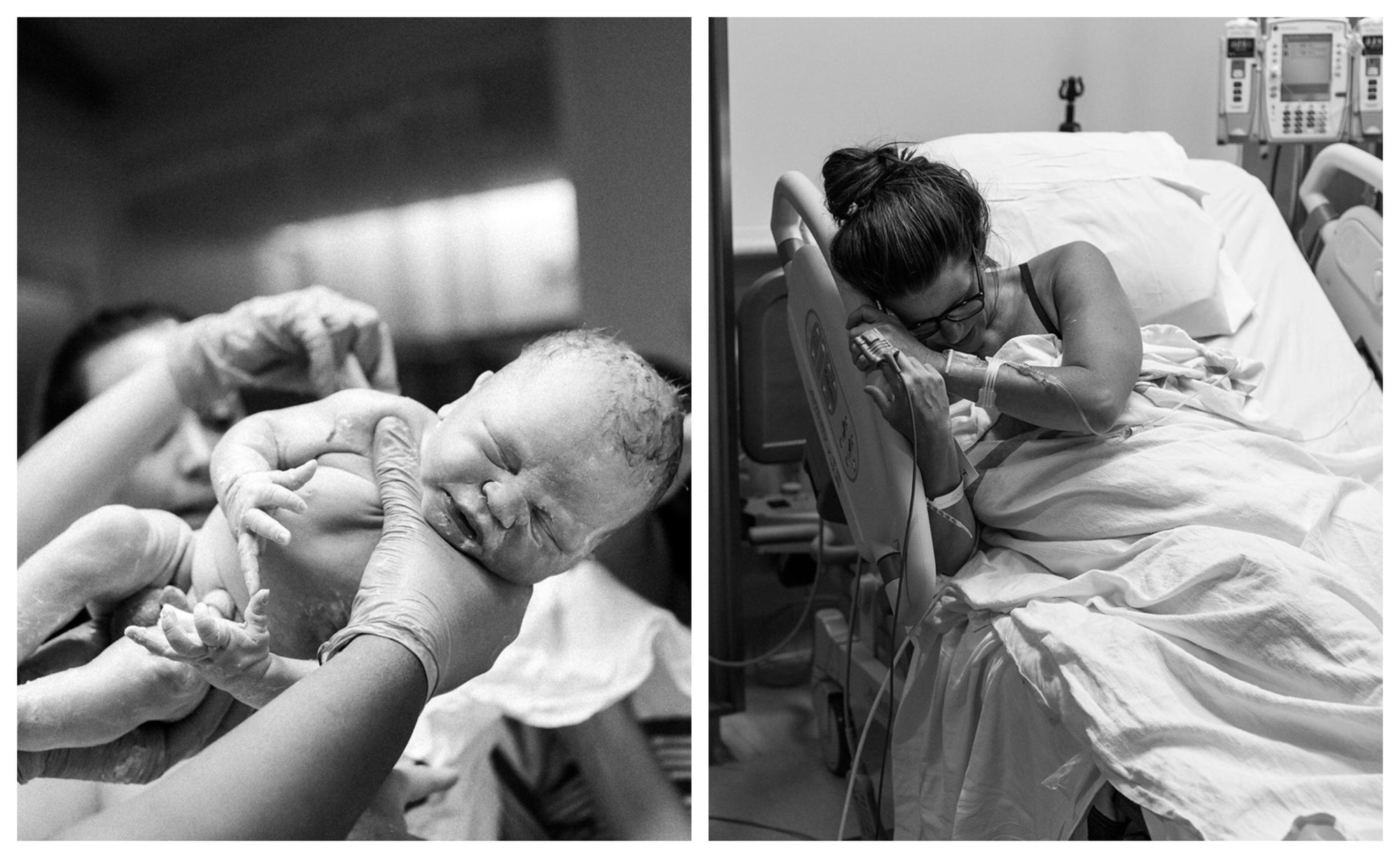 Black-and-white photo shows Tammy Wright's baby being born