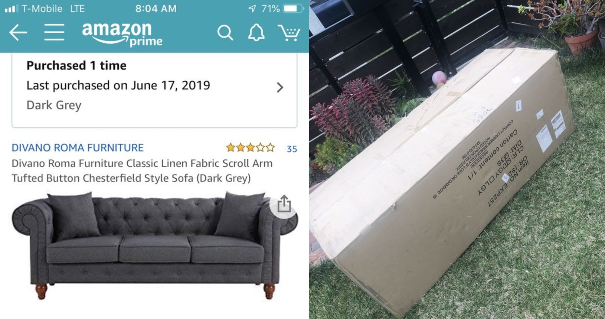 Amazon Divano Roma couch next to box
