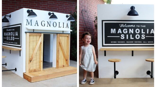 Devin and Reese Curfman pose outside the Magnolia Silos replica