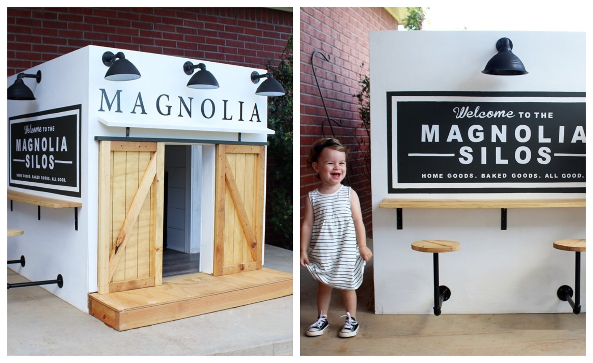 Devin and Reese Curfman pose outside the Magnolia Silos replica
