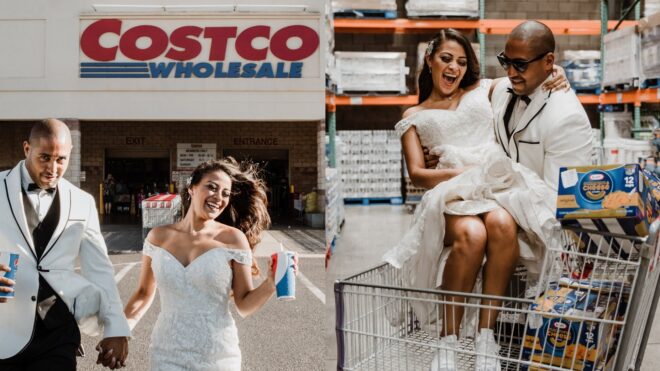Jessica and Brandon Brown leave Costco in their wedding attire