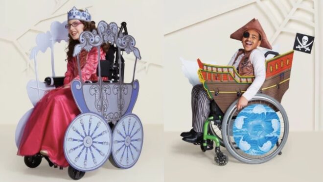 Two children wear adaptive Halloween costumes from Target