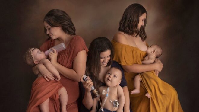 Three mothers feed their babies different ways