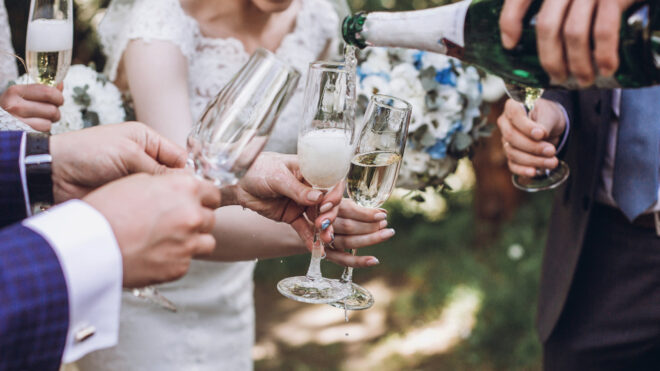 Bridal party cheersing