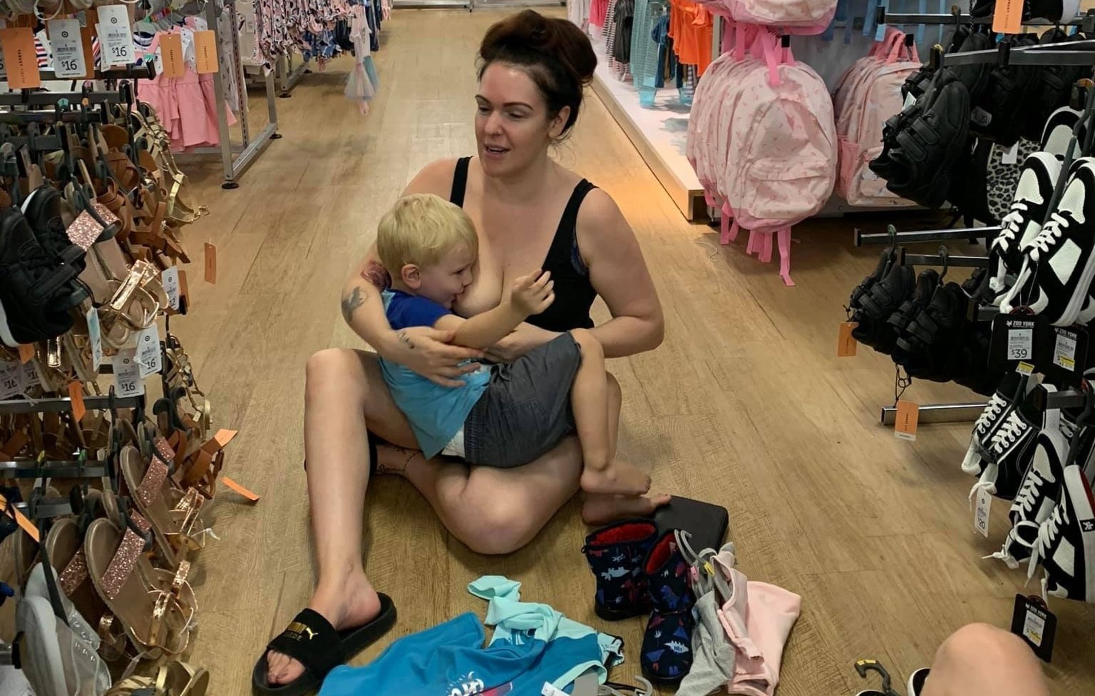 Sarah Mills breastfeeding in Target