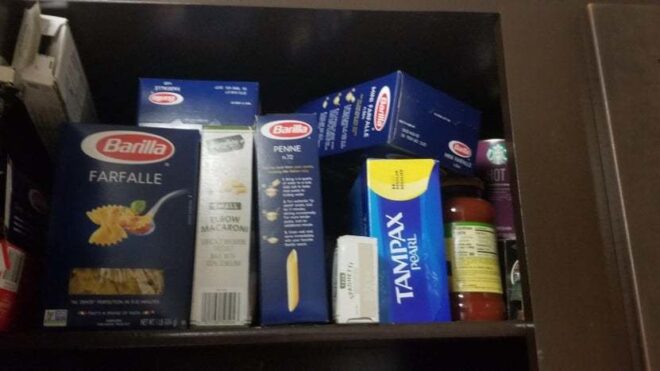 tampx in the pasta cabinet