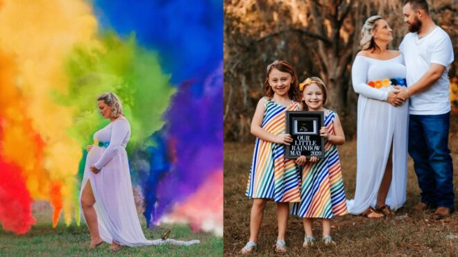 Heather Branham is surrounded by colorful smoke bombs