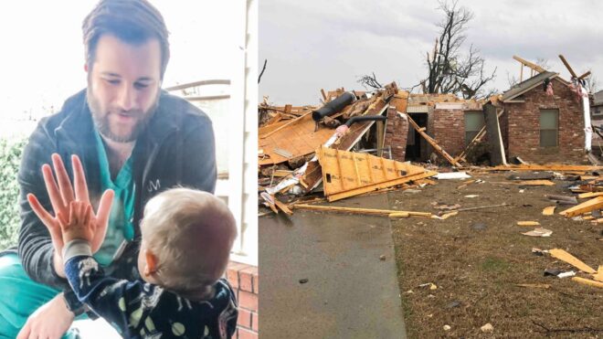 Jared Burks and son; Burks home after tornado