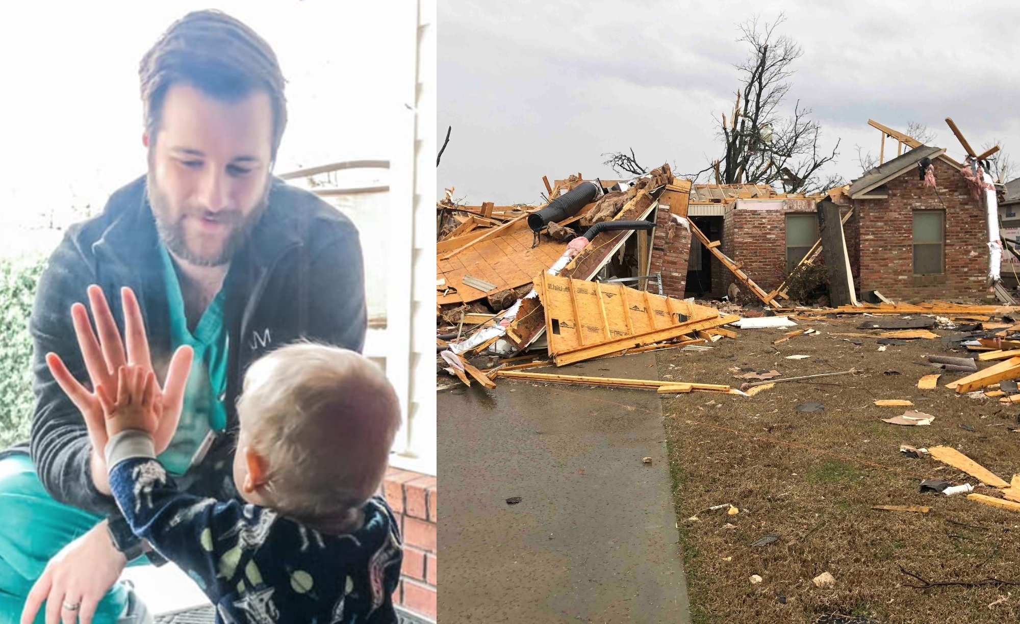 Jared Burks and son; Burks home after tornado