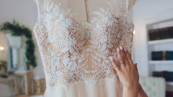 wedding dress hanging up