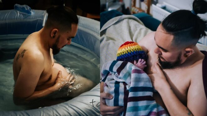Matan and Yuval look lovingly at their baby