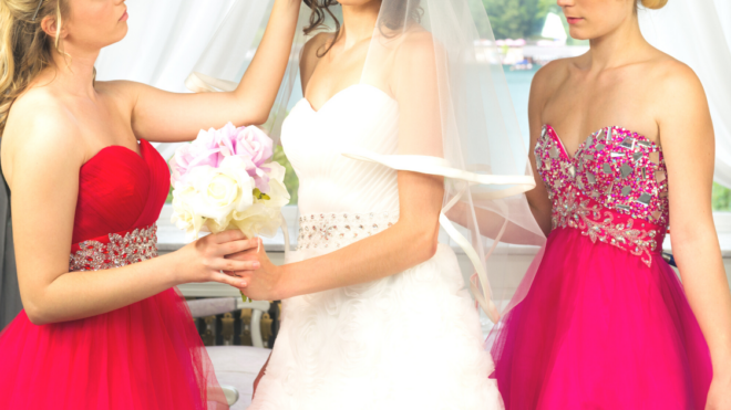 two bridesmaids and a bride