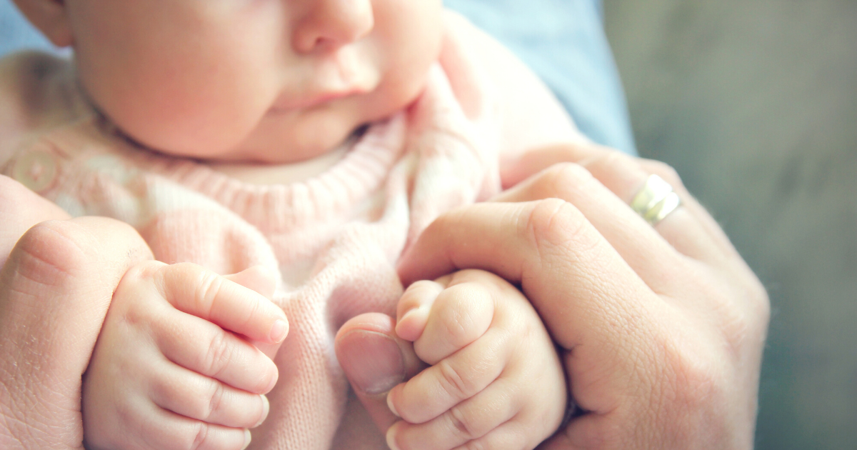 little girl in pink sweater holding parent's hands