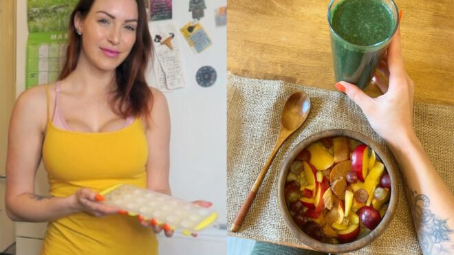 Tracy Kiss holds sperm in ice cube tray; shot of green breakfast smoothie