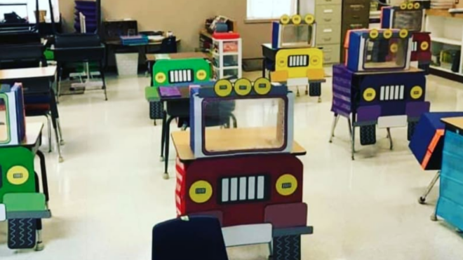 Classroom desks turned into trucks