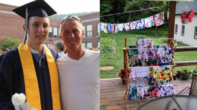 Connor with his father; T-shirts set out to dry