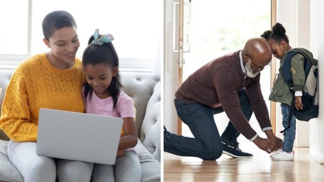 mom and daughter on computer / dad helping daughter put on shoes