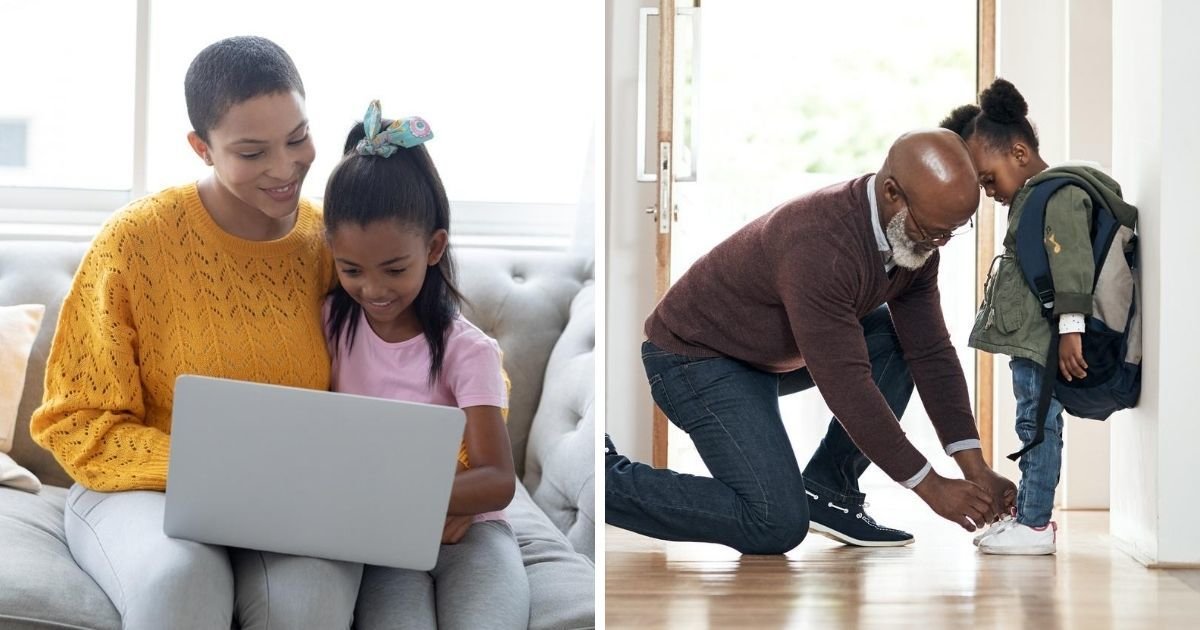 mom and daughter on computer / dad helping daughter put on shoes