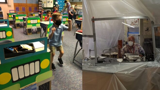 View of two classrooms prepped for back to school