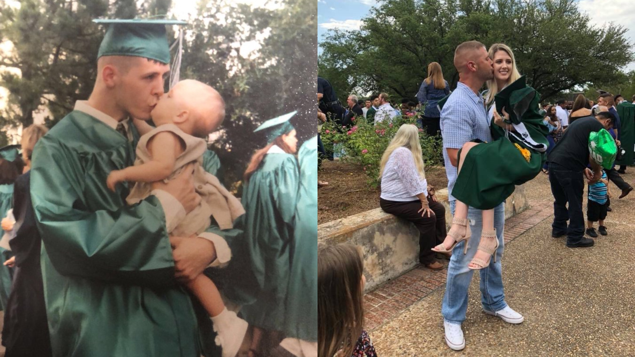 Side-by-side photos of Tori Roach and her dad Dennis at graduation