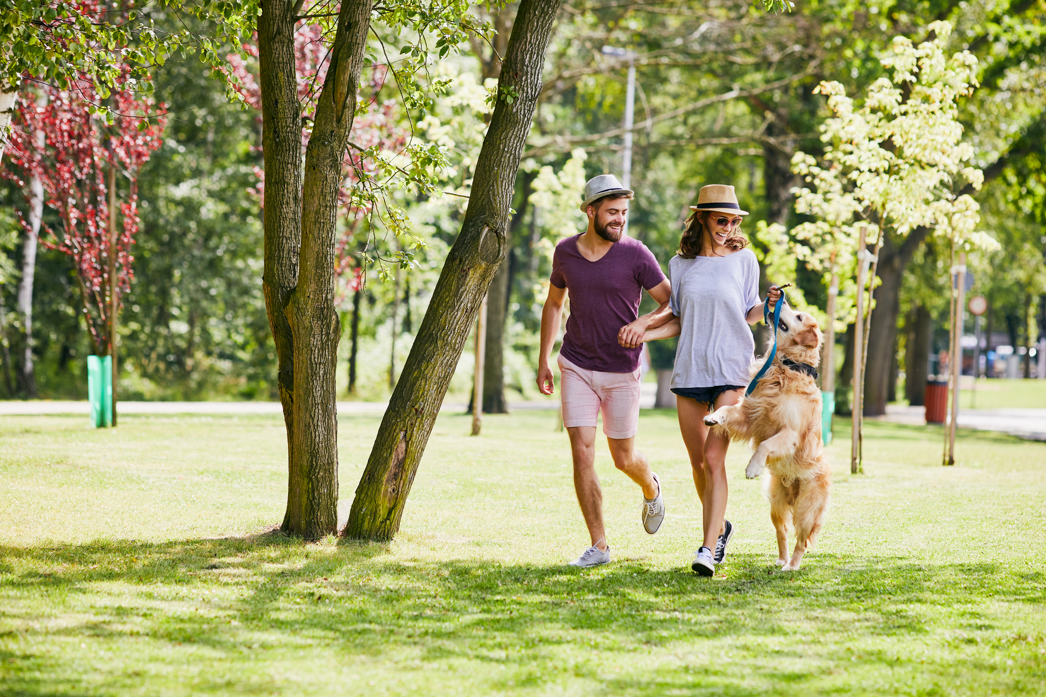 Young couple running and playing with their dog outdoors in the morning Young couple running and playing with their dog outdoors in the morning
