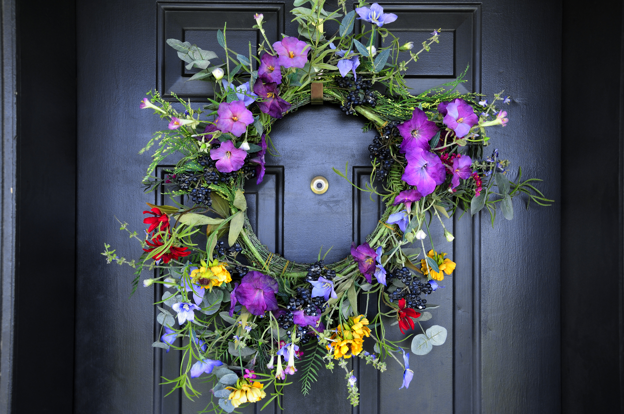 Floral Wreath on Wooden Door
