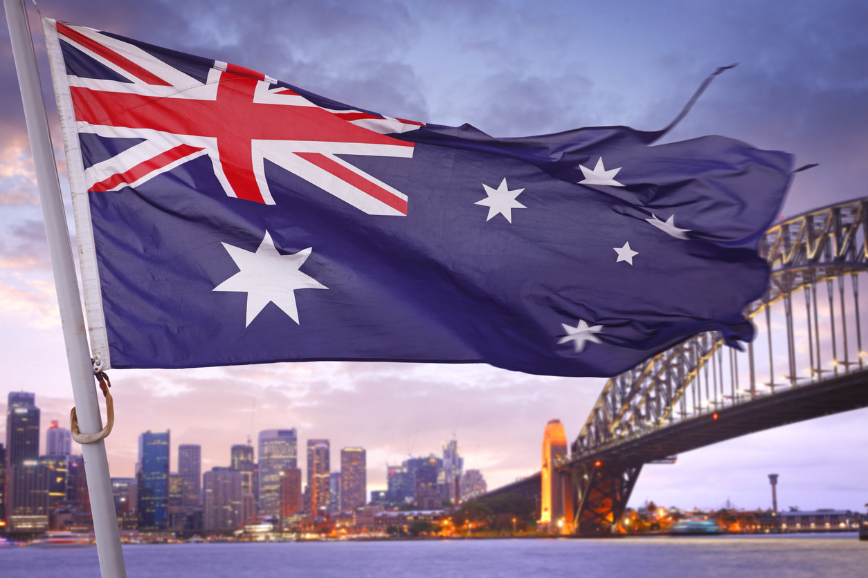 Australian flag waving over Sydney