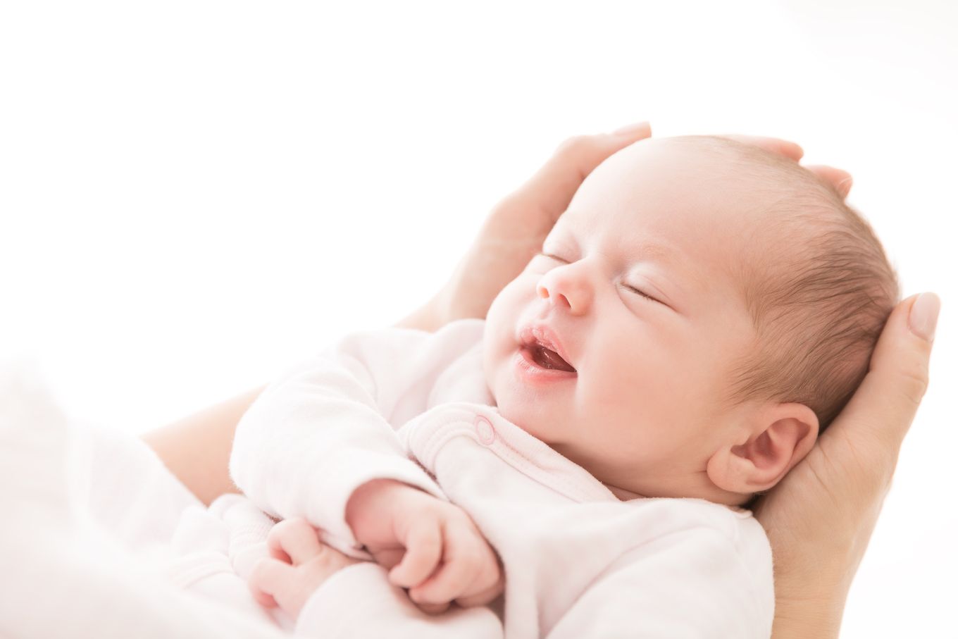 Newborn Baby Sleep on Mother Hands, New Born Girl Smiling and Sleeping