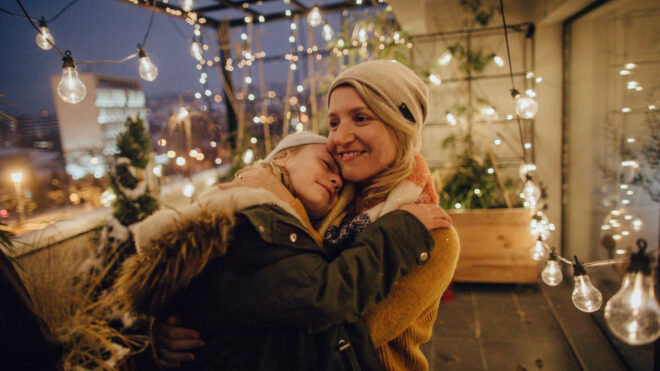 mom and child with lights