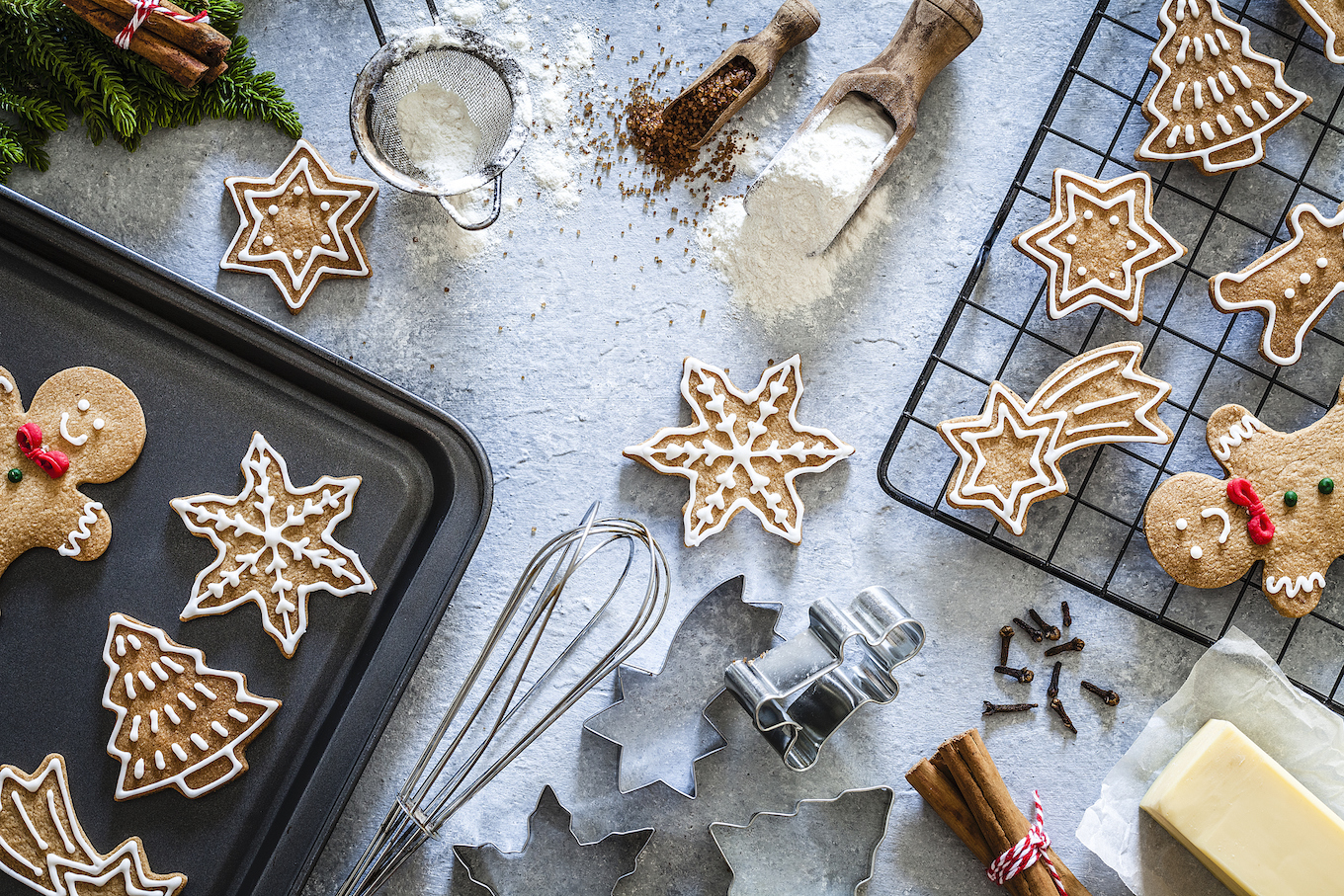 Ingredients and utensils for Christmas cookies preparation