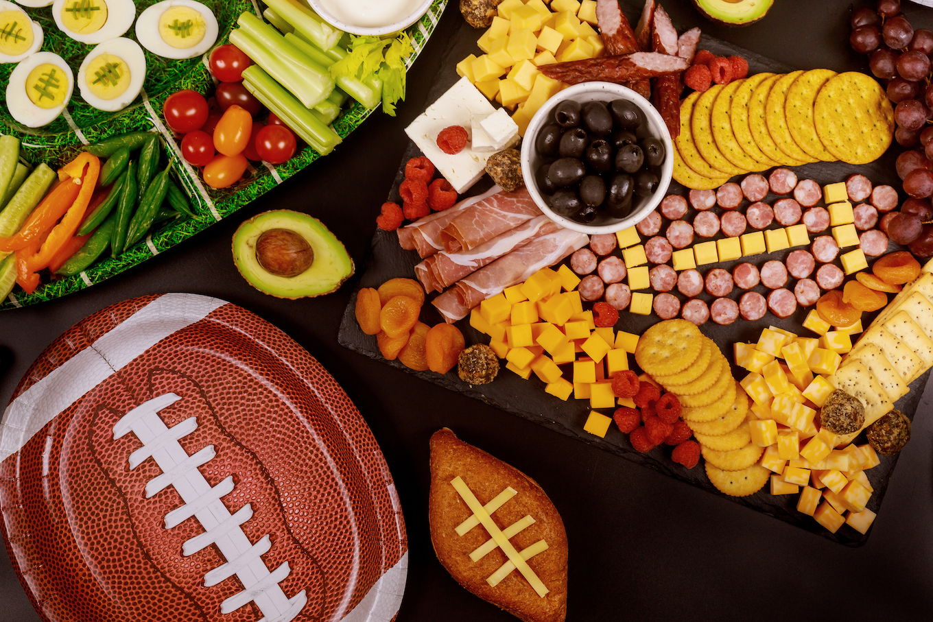 Delicious charcuterie board and veggie with dipping for championship game game.
