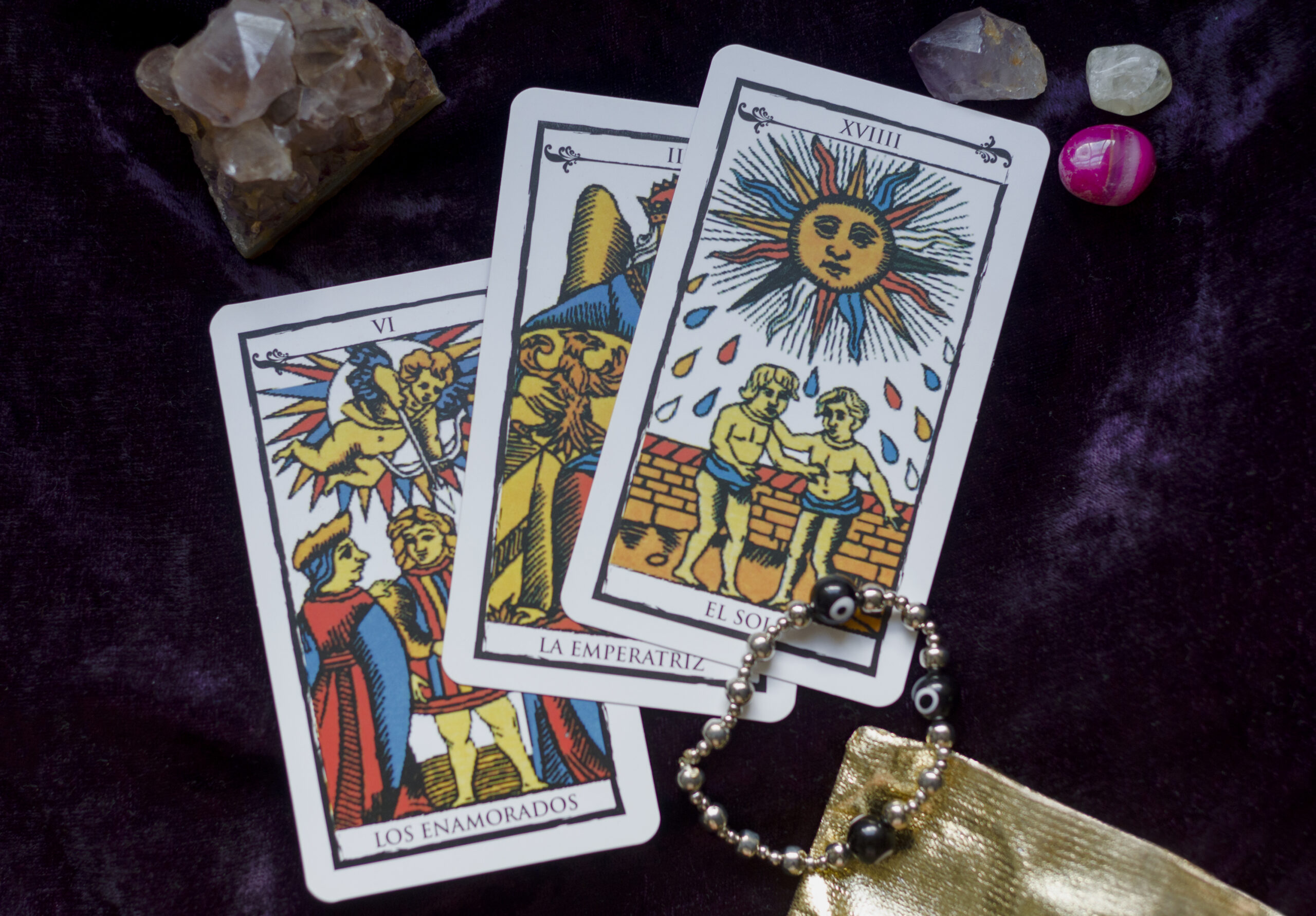 Tarot cards and different crystals