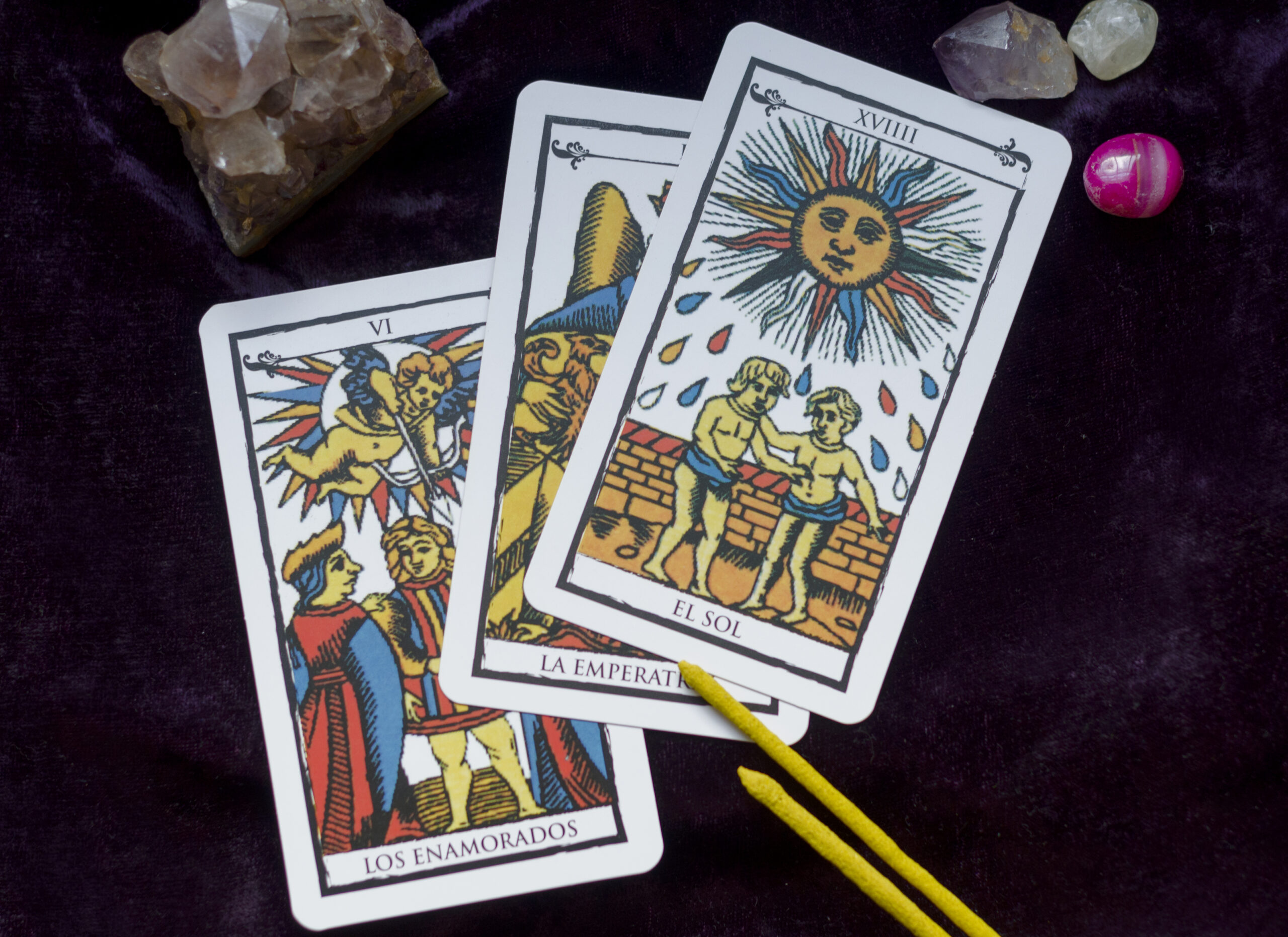 Tarot cards and different crystals