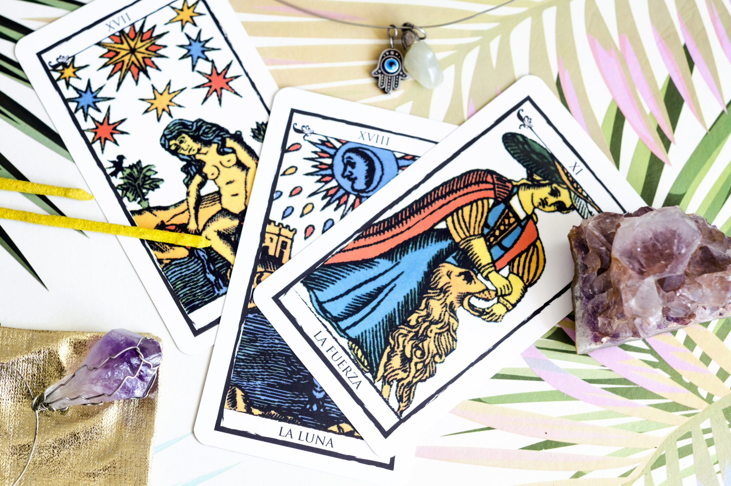 Tarot cards and different crystals