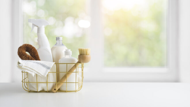 cleaning products on a counter