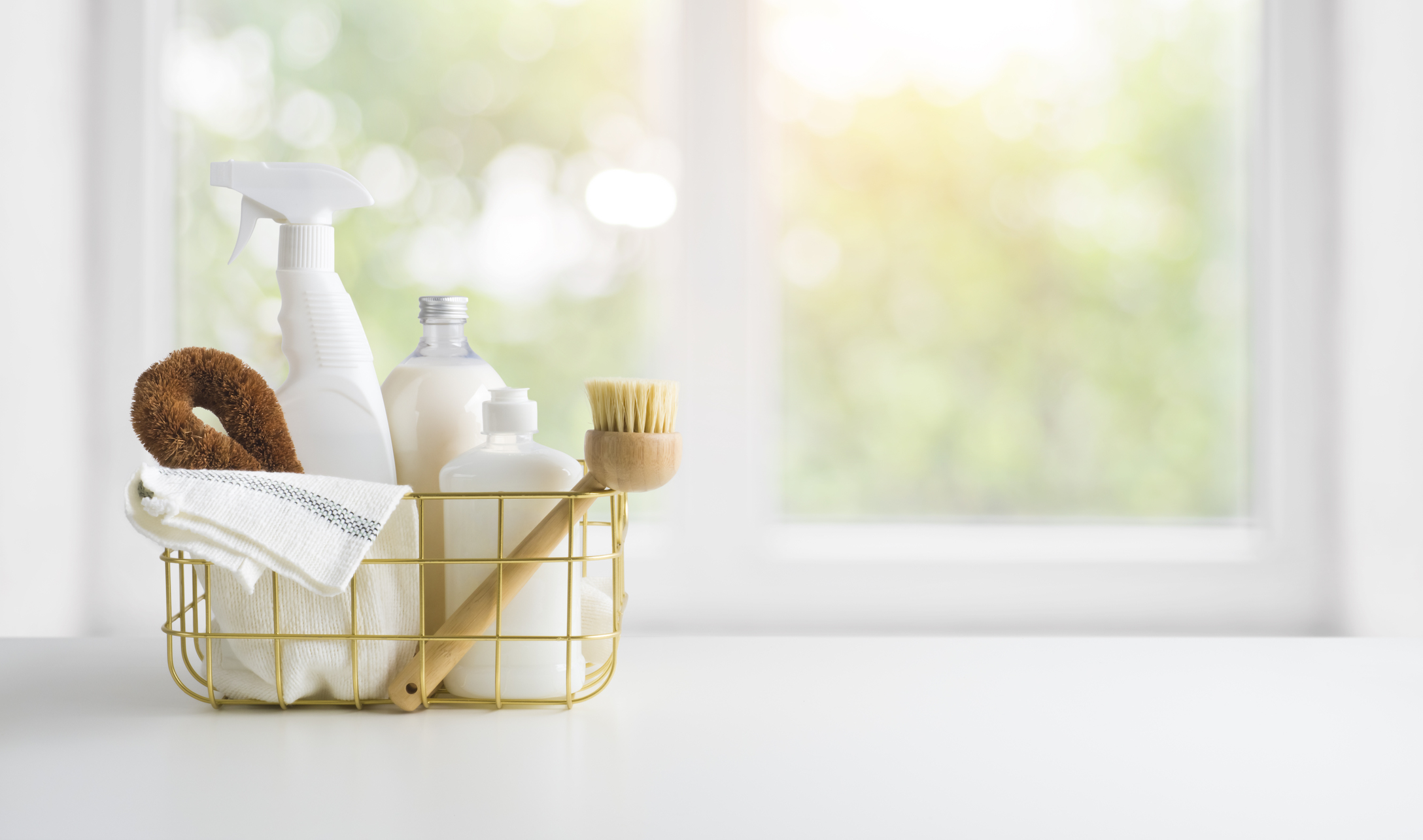 cleaning products on a counter