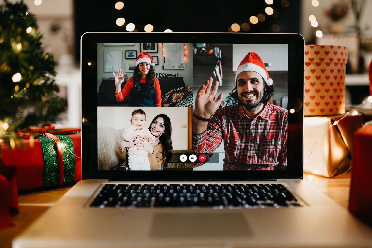 Video call on a laptop screen during Christmas