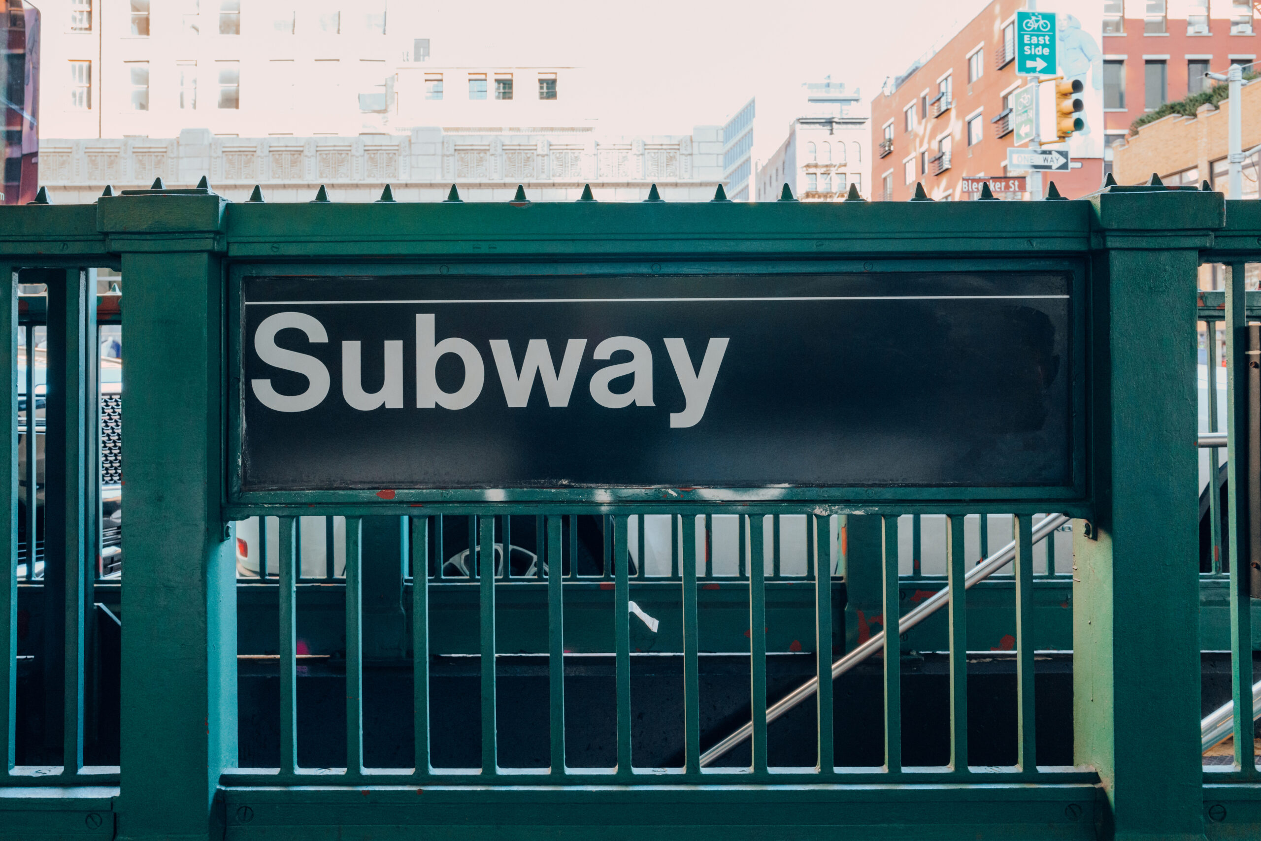 Subway sign at the entrance to the station in New York, USA.