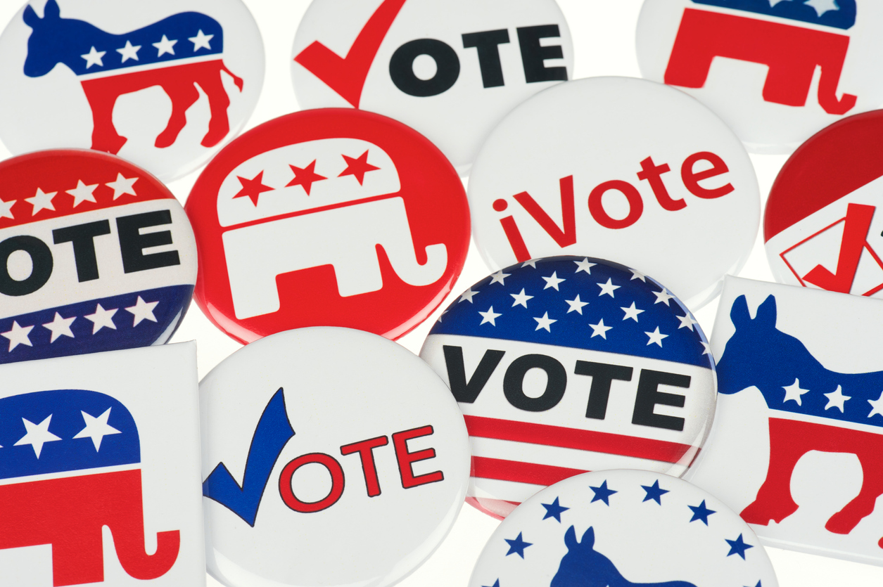 Democrat and Republican Vote Badges Full Frame White Background