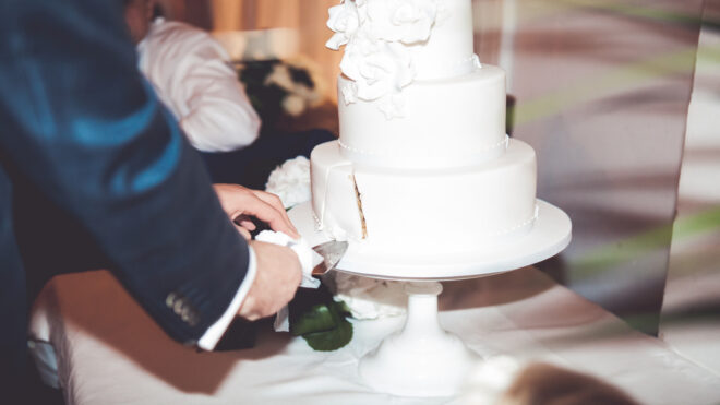 bride and groom cutting a cake
