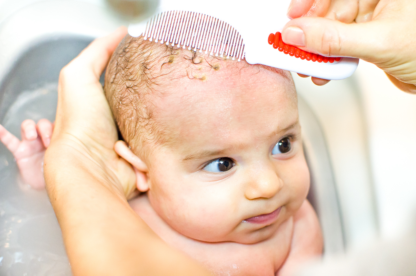 Cradle cap comb removing baby bathe
