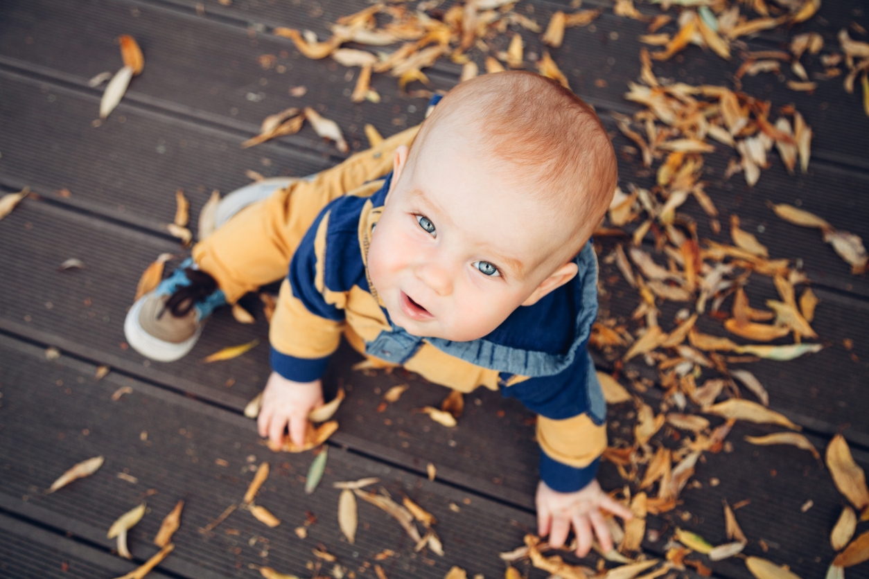 Little baby playing with autumn leaves on a wooden floor