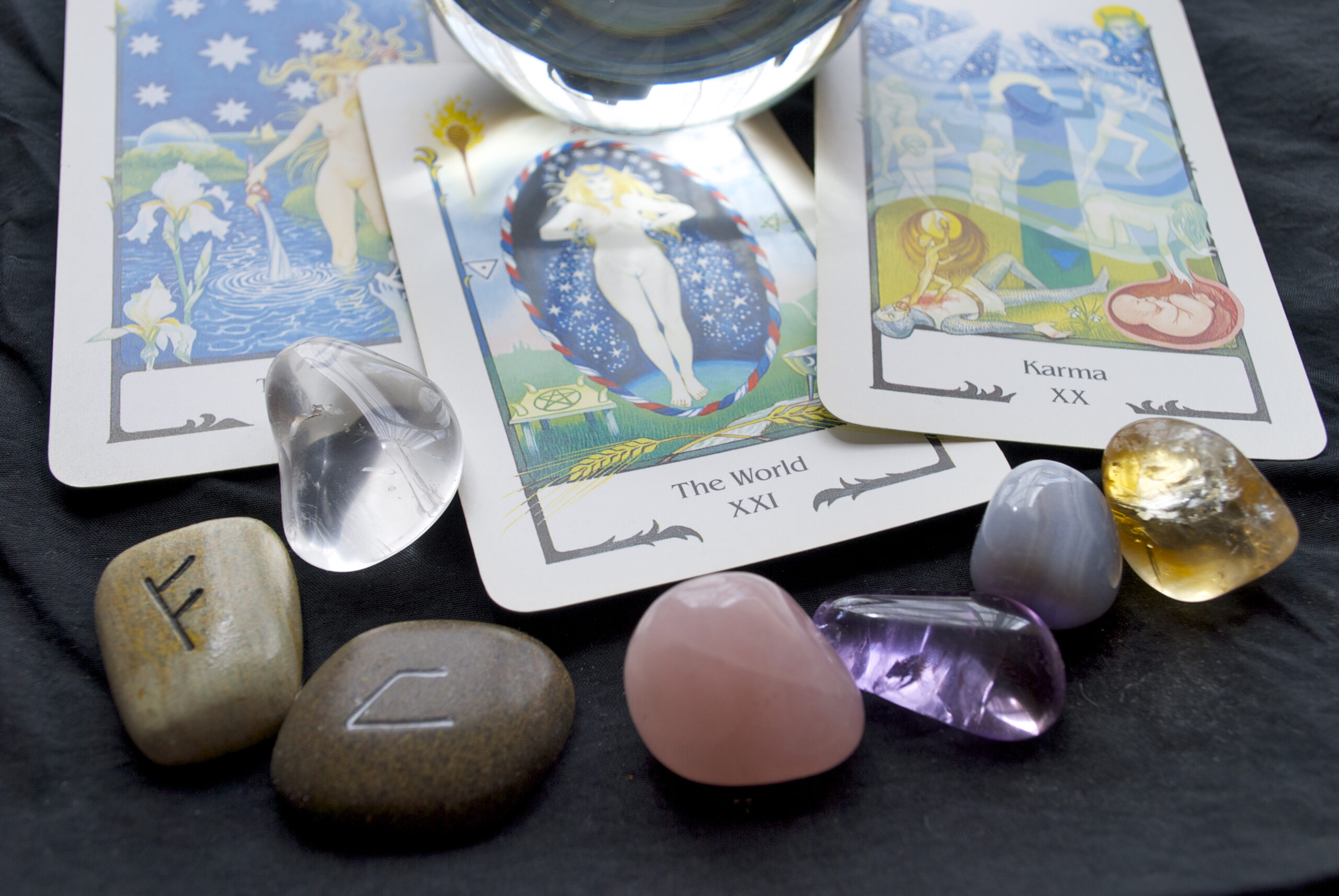 Tarot Reading with a Crystal Ball, Runes and Gemstones