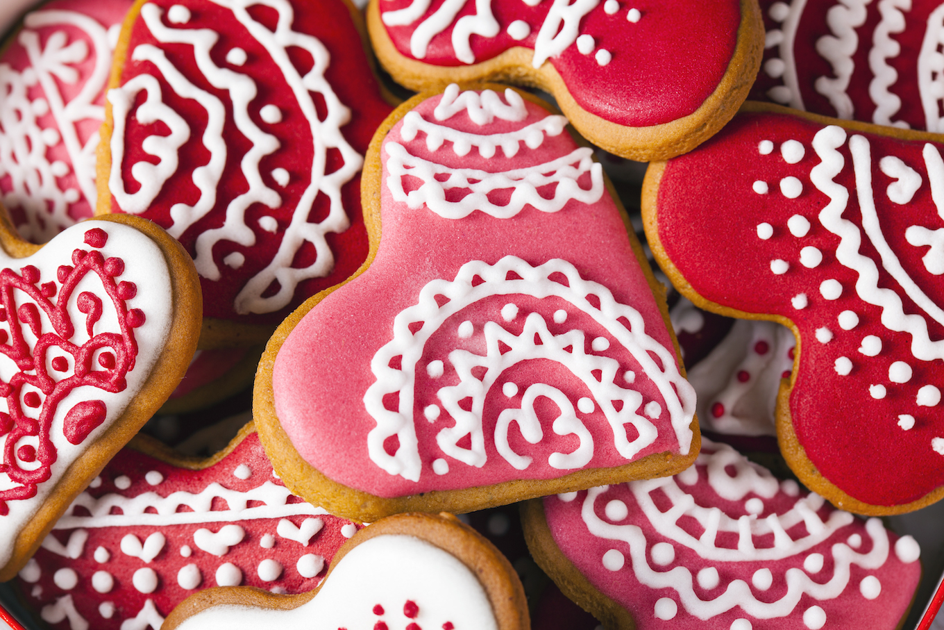 Valentine's Red and pink heart cookies full frame macro